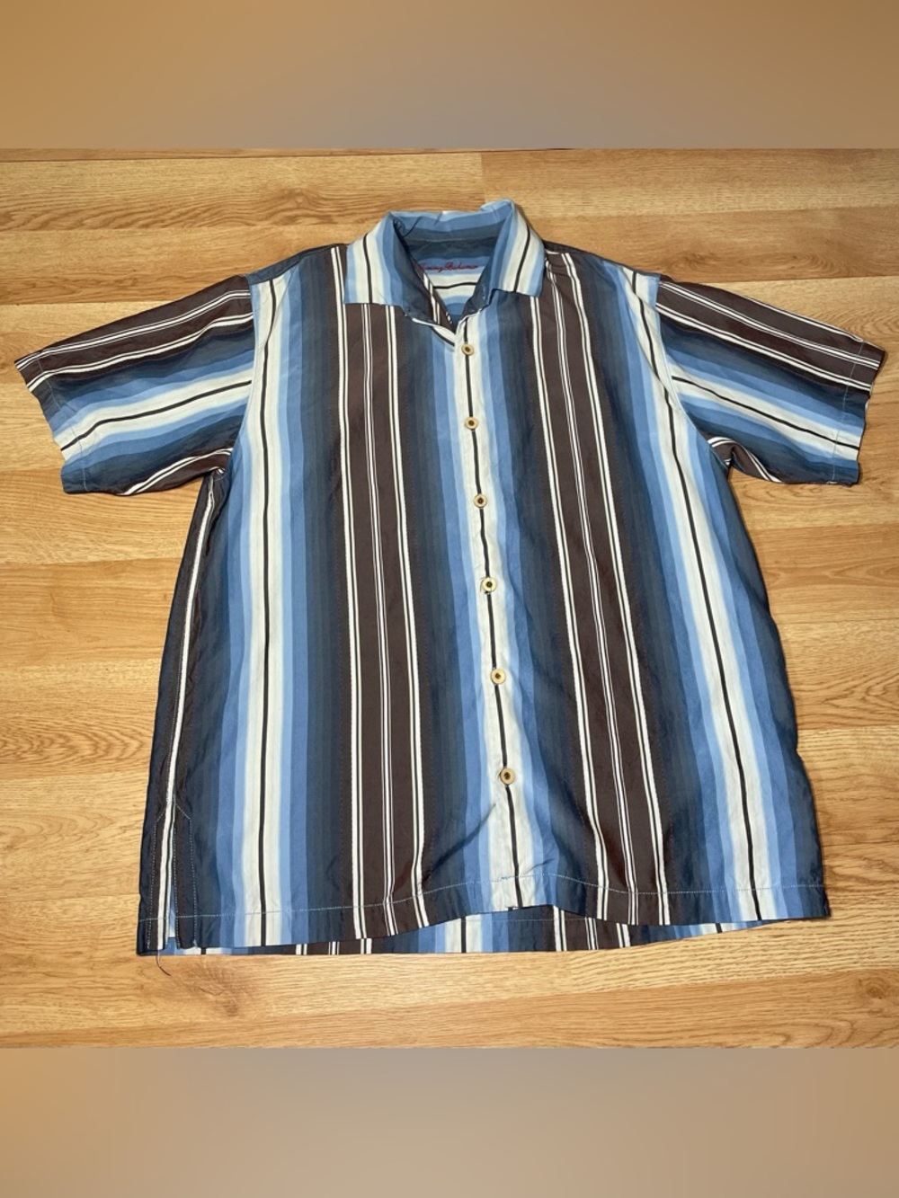 Tommy Bahama Men’s Large Blue Brown Striped Button Up Camp Shirt Silk Tencel